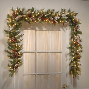 NIB National Tree Company 9 ft. Frosted Berry Garland with Clear Lights
